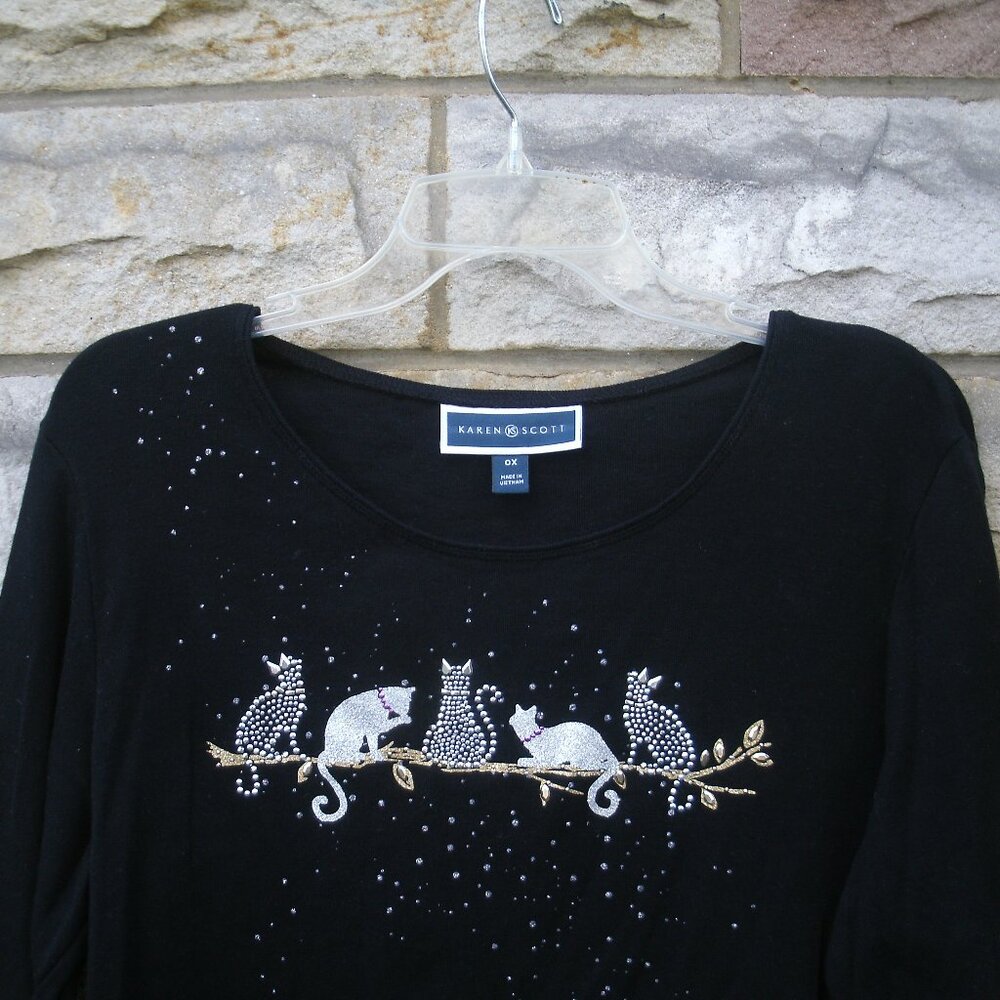 Cats on Branch Black Long Sleeve Shirt Size OX - Picture 4 of 12